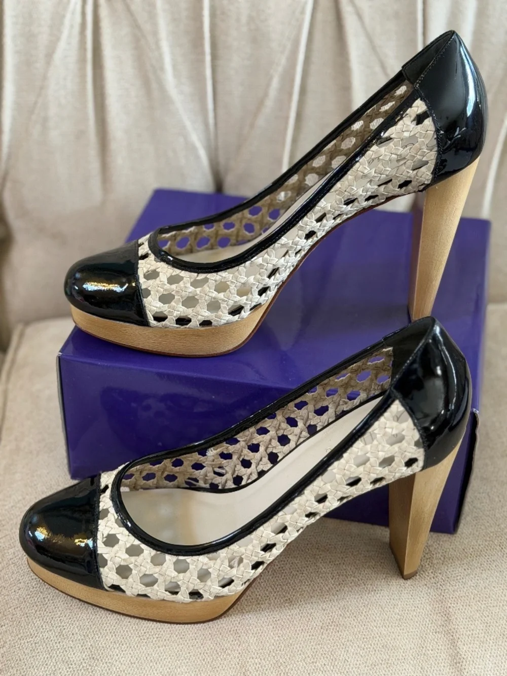 Cole Haan black patent leather woven platform heels